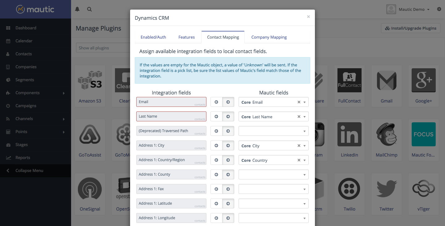 Mautic Dynamics CRM integration contact field mapping - Excel